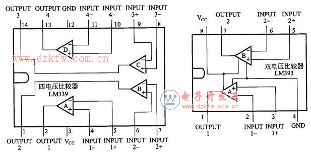 四電壓比較器LM339和雙電壓比較器LM393的內部結構圖
