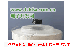 由液態(tài)氮所冷卻的超導(dǎo)體把磁石懸浮起來(lái)