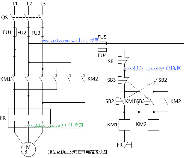 按鈕互鎖正反轉(zhuǎn)控制電路接線圖